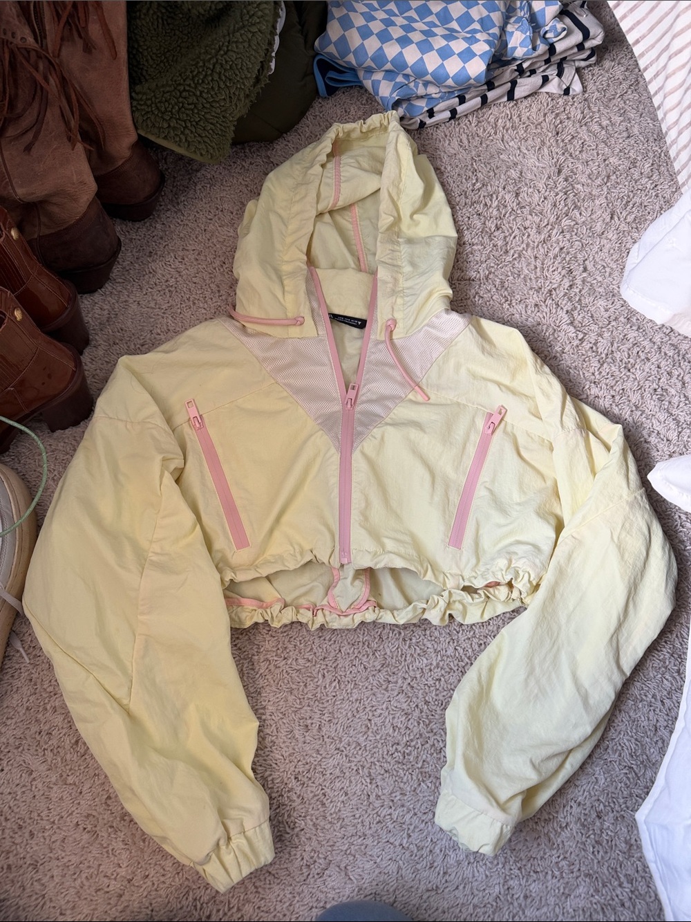 Zara Cropped Hooded Windbreaker in Pale Yellow with Pink Trim